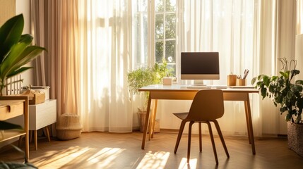 Minimalist home office setup with clean lines, a large desk, modern decor, and natural light streaming through a window.