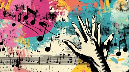A vibrant illustration featuring a hand reaching out amidst colorful splashes and musical notes.
