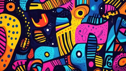 Obraz premium A vibrant abstract mural featuring colorful shapes and patterns in shades of blue, pink, yellow, and black.
