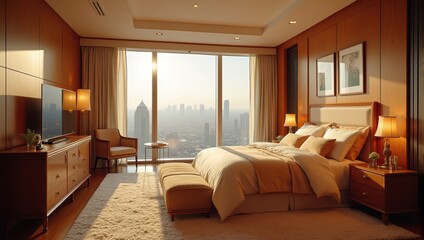 Fototapeta premium Luxurious Modern Bedroom with City View and Sunset