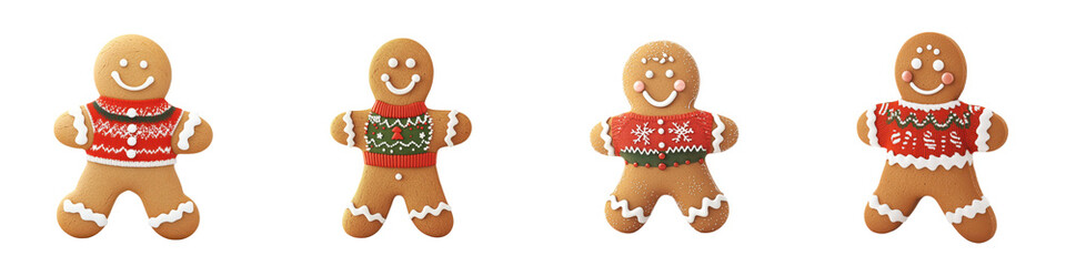 Four cheerful gingerbread men with festive decorations, perfect for holiday themes and seasonal celebrations.