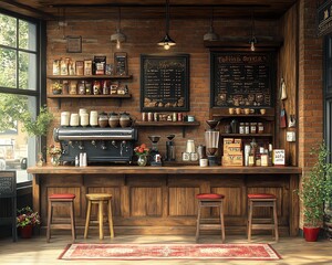 Rustic wooden coffee shop interior with exposed brick wall, vintage counter, and red stools.