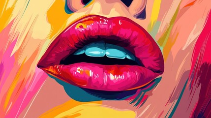 Close-up of vivid, painted lips with a colorful and artistic background, showcasing bold hues and glossy texture.