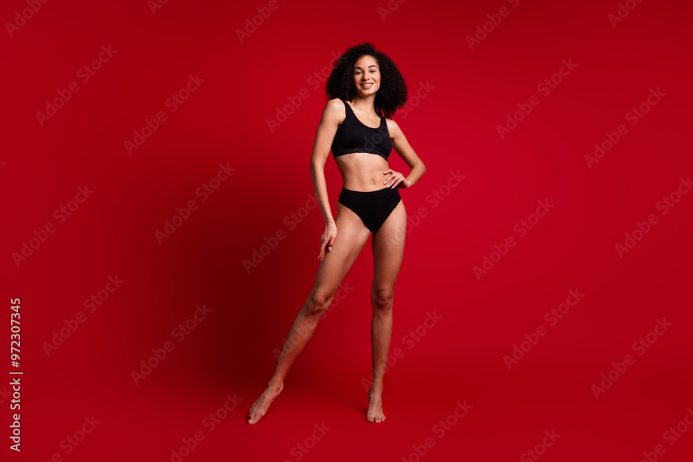 Poster No retouch full length photo of gorgeous stunning woman wear black stylish sportswear isolated on red color background