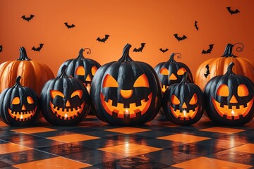 Geometric halloween poster with jack o lanterns and pumpkin faces for all saints  day