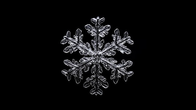 A single snowflake isolated on a black background.