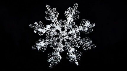 A single snowflake, isolated against a black background.