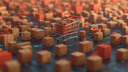 Obraz premium Shopping cart with many packages on a digital background.
