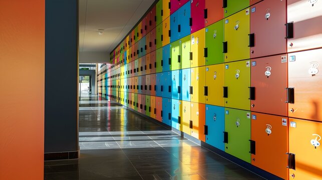 Colorful Lockers in a Modern School Hallway