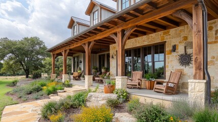 Rustic farmhouse exterior with wooden beams, stone accents, and a welcoming front porch with rocking chairs.