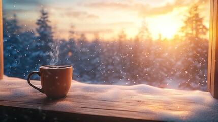 Obraz premium A warm cup of coffee sits on a snowy windowsill as the sun rises in a winter landscape.