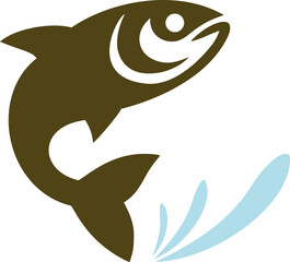 a logo with a jumping swimming fish and water splashes