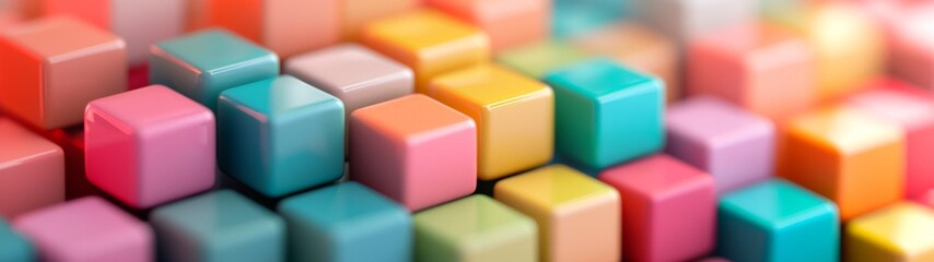 Fototapeta premium Vibrant Cubes in Abstract Composition, A close-up view of colorful geometric cubes set against a soft-focus backdrop, showcasing depth and vivid hues.