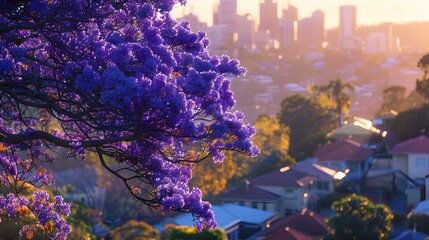 Purple Tree Blossoms Over City Skyline at Sunset