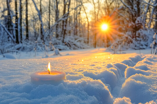 Burning candle illuminating snowy forest path at sunset during winter solstice