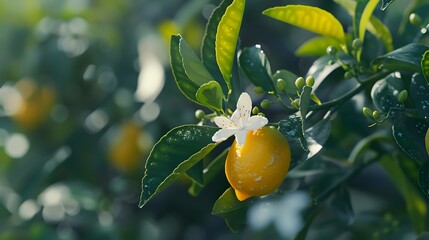 Lemon Tree with Blossoms and Fruit A Close-Up View
