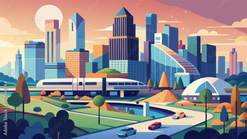 Wall mural a vector illustration of a bustling cityscape with modern skyscrapers, parks, and vehicles the