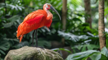 Naklejka premium Scarlet ibis grooming its feathers in zoo