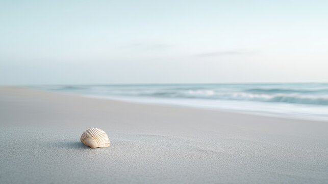 Minimalist empty beach with smooth, untouched sand, a lone seashell in the foreground, and soft waves in the distance under a pale sky, 4K hyperrealistic photo.