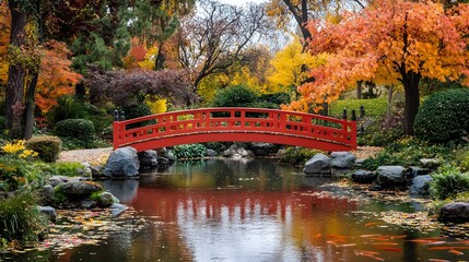 Obraz premium A peaceful Japanese garden in autumn with a red bridge over a koi pond