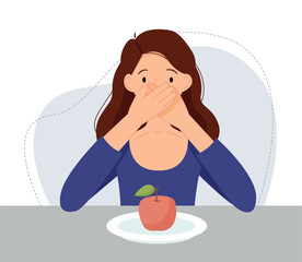 Anorexia. A sad woman is sitting with an empty plate with an apple. The girl is sick of food. Diet risk. Vector flat illustraton.