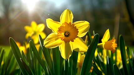 Fototapeta premium Vibrant Yellow Daffodils Blooming in Sunlight