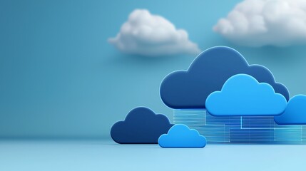 Blue cloud computing services represented by glowing digital clouds with data streams flowing in and out in a sleek futuristic landscape