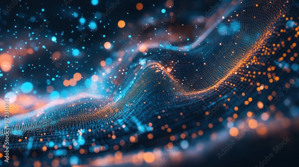 Canvas Prints abstract representation of digital waves with glowing particles in blue and orange hues.