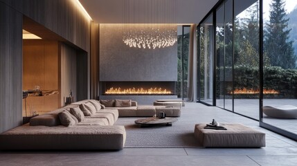 Stylish living room featuring a bespoke sectional sofa, a grand chandelier, and a designer fireplace with floor-to-ceiling glass walls.