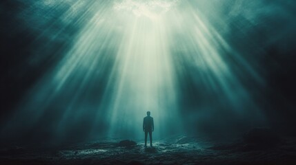 Fototapeta premium A moody image of a man standing in a dim, atmospheric setting with rays of sunlight streaming in through an open gap, creating a dramatic and introspective ambiance.