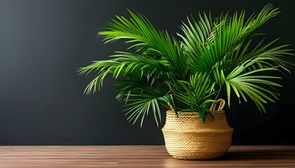 Vibrant Green Palm Plant in a Natural Woven Basket Against Dark Background Celebrating Growth and Natural Beauty