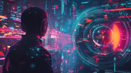 Naklejka premium A person wearing headphones gazes at a futuristic digital interface with vibrant visuals.