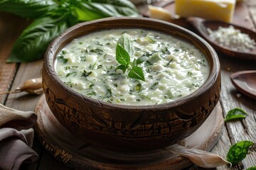 Creamy, fresh soup in bowl. This photo is perfect for illustrating a recipe or article about cold soups.