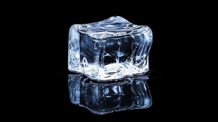 Obraz premium A single ice cube sits on a black surface and reflects in the shiny surface.