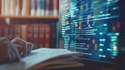 Banker is reviewing business financial documents with blurred background of law books and digital screen showing regulations, highlighting compliance and professionalism in the financial industry.