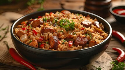 A bowl of jambalaya with sausage and peppers. This image can be used to depict southern comfort food, home cooking, or a delicious meal.