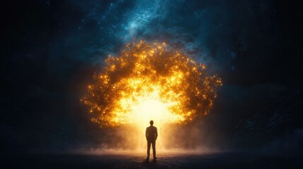 Fototapeta premium Businessman standing in front of a giant glowing idea tree, representing growth through creativity, idea growth, innovation in business