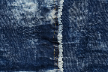 Worn denim fabric texture, faded blue, frayed edges, detailed stitching, casual and rugged style