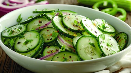 Fresh cucumber salad with spices. Perfect for showcasing healthy and delicious recipes.