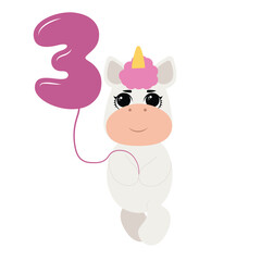 3 Birthday party invitation with baby unicorn