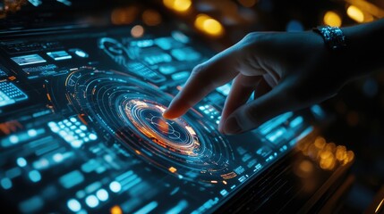 A hand interacts with a futuristic touchscreen interface, displaying glowing digital data and a circular graphic.