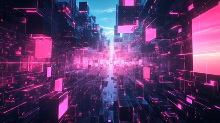 Fototapeta premium A futuristic digital landscape with glowing pink cubes and reflections.