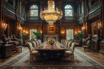 Elegant dining room with chandelier and ornate furnishings.