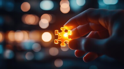 Obraz premium Hands holding a glowing 3D puzzle piece, fitting it into a larger creative business puzzle, solution finding, creative problem-solving in business
