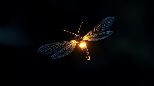 A glowing firefly flies in the dark night.