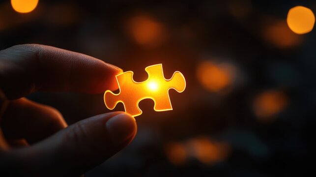 Hands holding a glowing 3D puzzle piece, fitting it into a larger creative business puzzle, solution finding, creative problem-solving in business