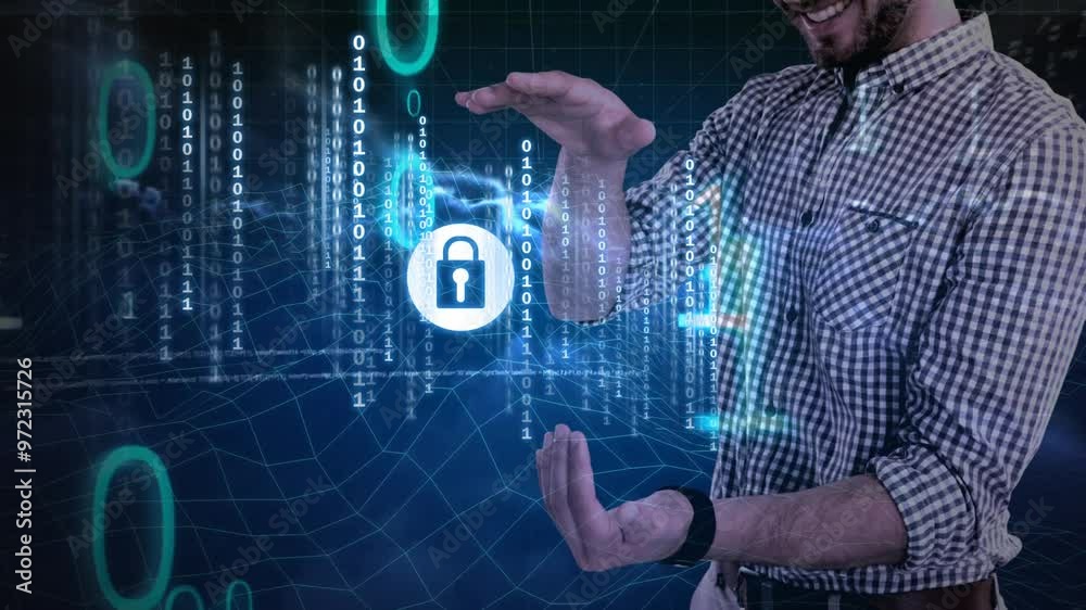 Poster holding digital lock, man surrounded by binary code and cybersecurity animation