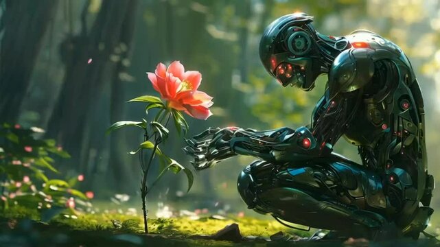 Kneeling beside the lone flower, the cyborg's circuits hum softly, his life force coursing through the metallic veins of his arm, nurturing the delicate bloom that glows brighter as his own power fade