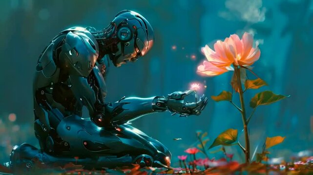 Kneeling beside the lone flower, the cyborg's circuits hum softly, his life force coursing through the metallic veins of his arm, nurturing the delicate bloom that glows brighter as his own power fade