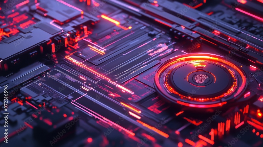 Wall mural futuristic digital circuit board with glowing red accents and intricate patterns.